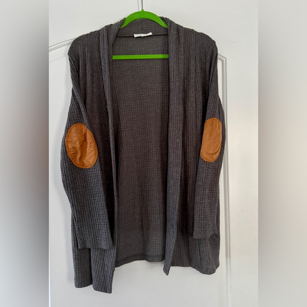 Honey Punch Charcoal Cardigan with Camel Elbow Patches